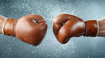 Two hands wearing boxing gloves on a blue background photo
