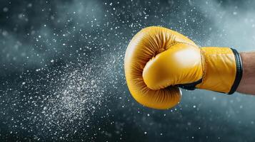Boxing gloves on a man's hand in the rain photo