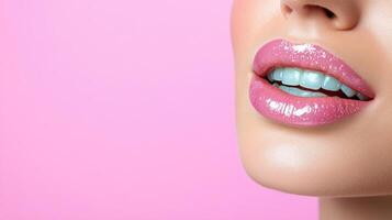 Beautiful woman with blue lips and pink tongue on pink background photo