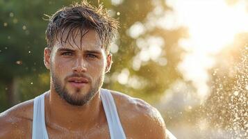 A man is running in the rain photo
