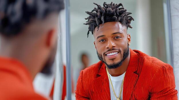 A man with dreadlocks is smiling in front of a mirror photo