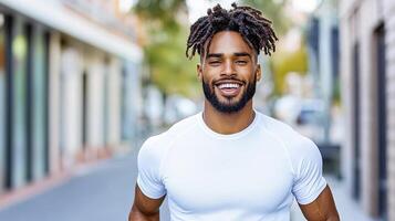 A man with dreadlocks is smiling and running photo