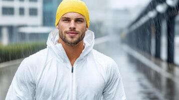 A man in a yellow hat and white jacket is standing in the rain photo