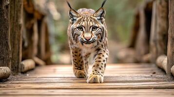 A lynx walking across a wooden bridge photo