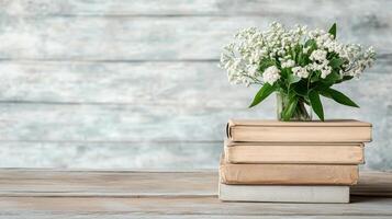 A vase of lily of the valley flowers on top of books photo