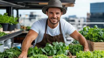 A smiling man in an apron and hat standing in front of a box of fresh vegetables photo