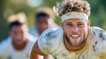 A rugby player is smiling and running photo