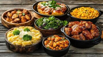 A variety of dishes are arranged in bowls photo