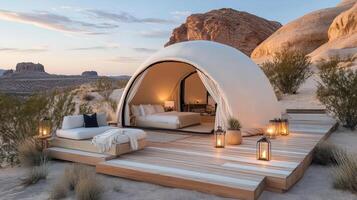 A tent in the desert with a bed and candles photo