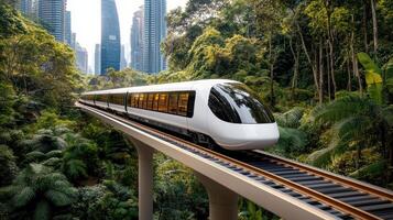 A modern train traveling through a lush green forest photo