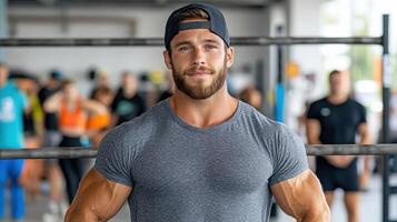 A man with a beard and cap is posing for a photo in a gym