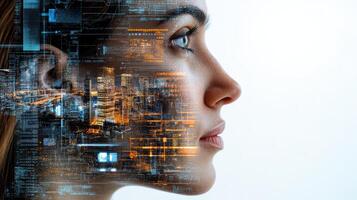 A woman's face is shown with a digital city on it photo