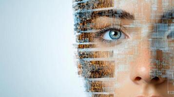 A woman's face is made up of digital data photo