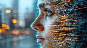 A woman's face is shown with a digital image of a city photo