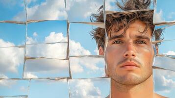 A man is looking through a broken wall photo