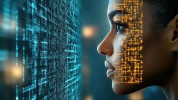 A woman's face is shown with a digital face photo
