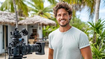 A man with a camera standing in front of a house photo