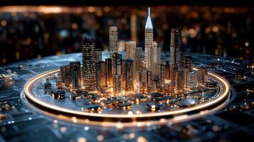A city with a circle of lights on it photo