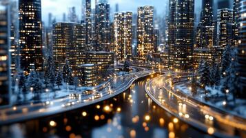 A city with lights on the road and buildings photo