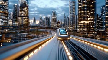 A futuristic city with a train going through it photo