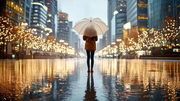 A person walking in the rain with an umbrella photo