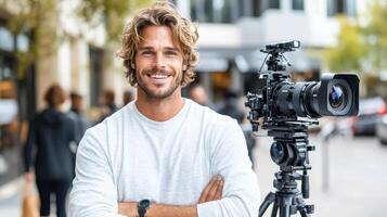 A man with a camera and tripod standing in front of a building photo