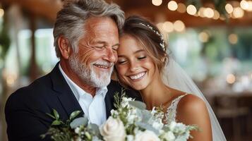 A smiling bride and groom embrace at their wedding photo