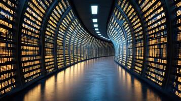 A long tunnel with many lights and many rows of data photo