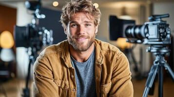 A man with a beard and camera in front of a camera photo