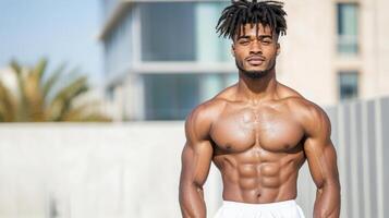A man with a muscular body standing in front of a building photo