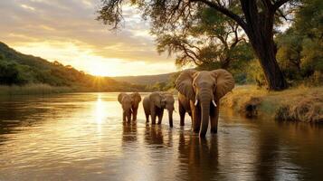 Elephants in the river at sunset photo
