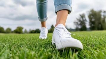 A person walking on grass with white sneakers photo