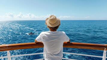 A man in a hat looking out at the ocean photo