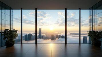 A view of the city from inside a large office building photo