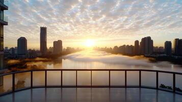 A view of the city from a balcony with the sun rising photo