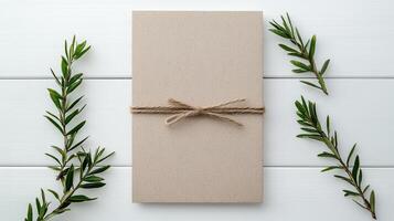 A blank card with twine and green spruce branches on a white wooden background photo