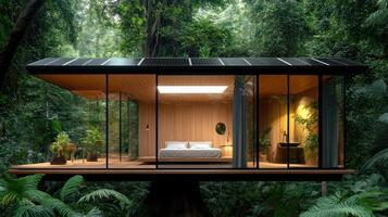 A tree house in the jungle with a bed photo