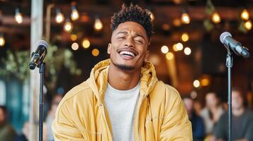 A man in a yellow jacket is singing into a microphone photo