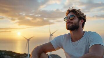 A man with sunglasses and a white shirt sitting on a rock with wind turbines in the background photo