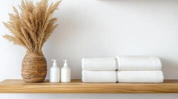 White towels and a vase of dried grass on a shelf photo