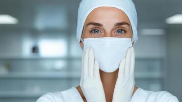 A woman in a white mask and gloves is covering her face photo