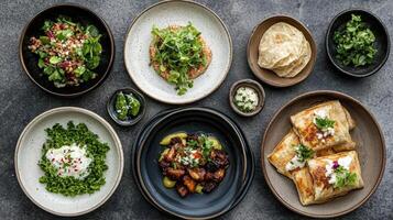 A variety of plates with different types of food photo