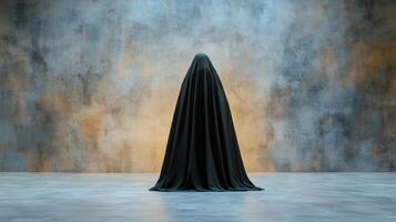 A black cloak is standing in front of a wall photo