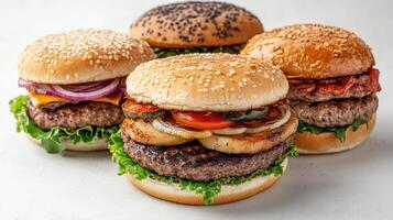 Five hamburgers with different toppings on them photo