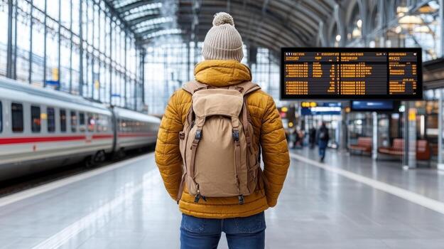 A person with a backpack standing in front of a train photo