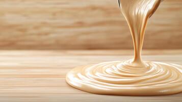 A spoon is pouring a liquid into a bowl of peanut butter photo