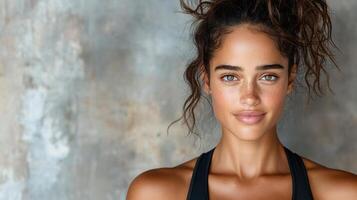 A woman with a messy bun and a tan photo