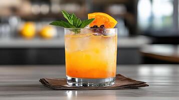 A drink with orange and mint garnish photo