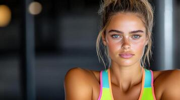 A woman with bright eyes and a bright top photo