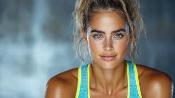 A beautiful woman with wet hair and a bright blue top photo
